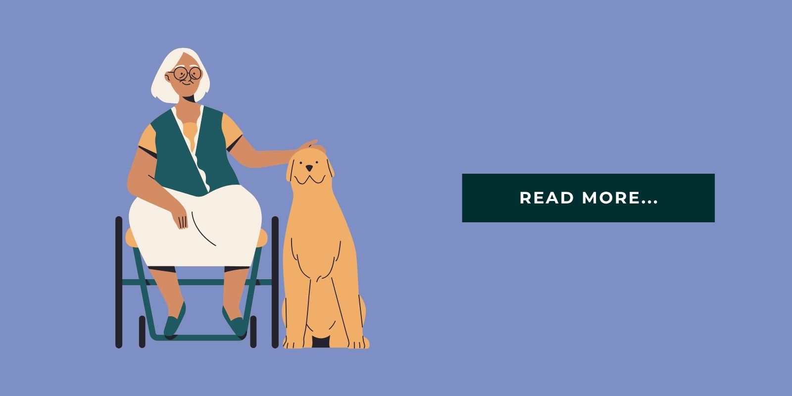 An illustration featuring a senior with a wheelchair petting a Golden Retriever pet next to the text, "Read more."