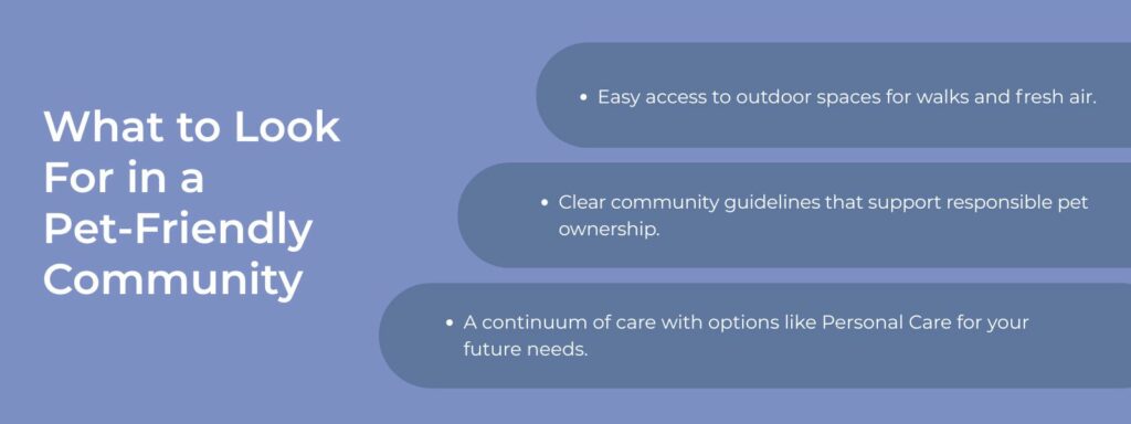 An infographic titled "What to Look For in a Pet-Friendly Community" with three bullet points. 1. Easy access to outdoor spaces for walks and fresh air.
2. Clear community guidelines that support responsible pet ownership.
3. A continuum of care with options like Personal Care for your future needs.
