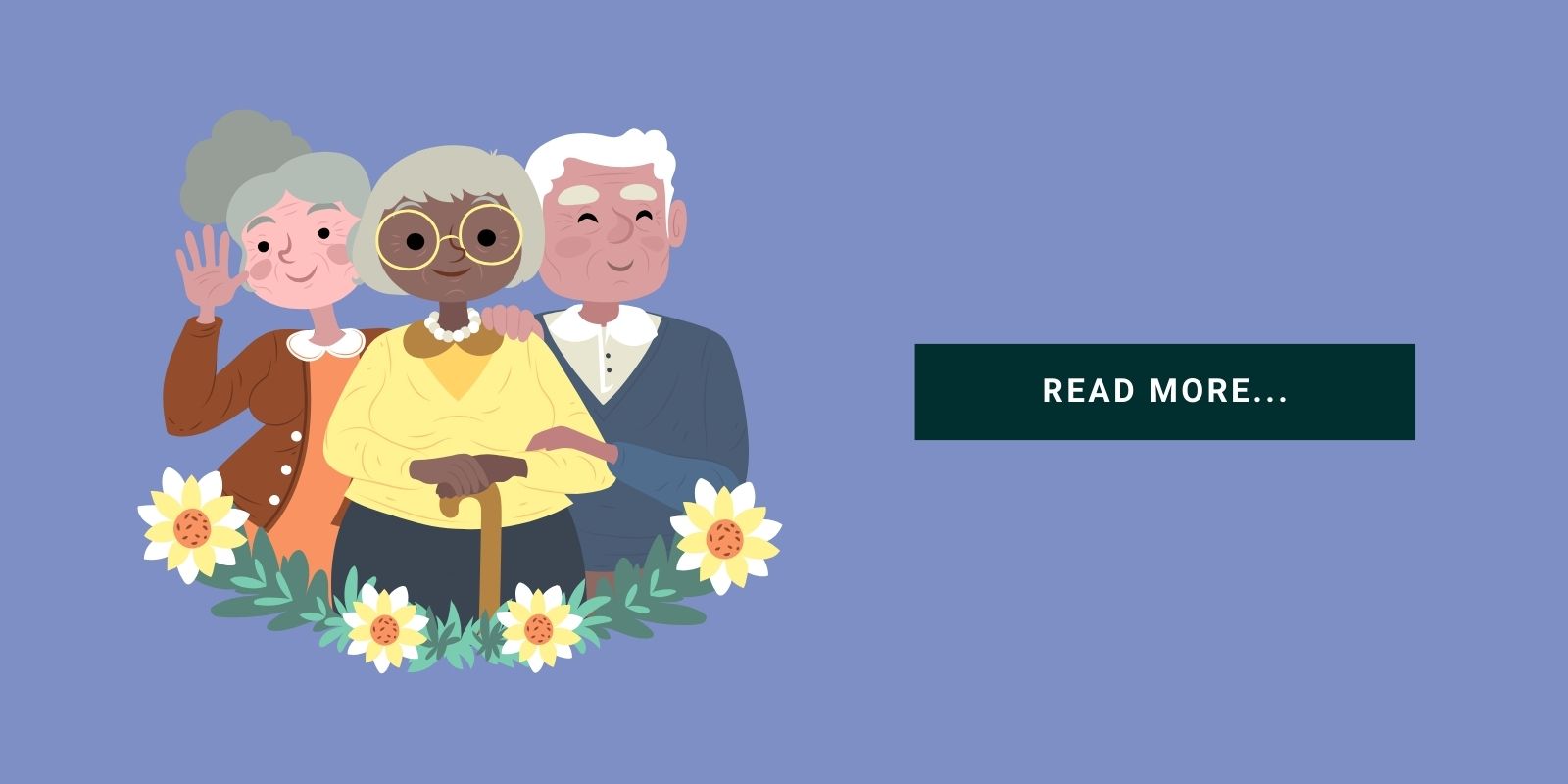 An illustration of seniors smiling with a button that says, "Read More..."
