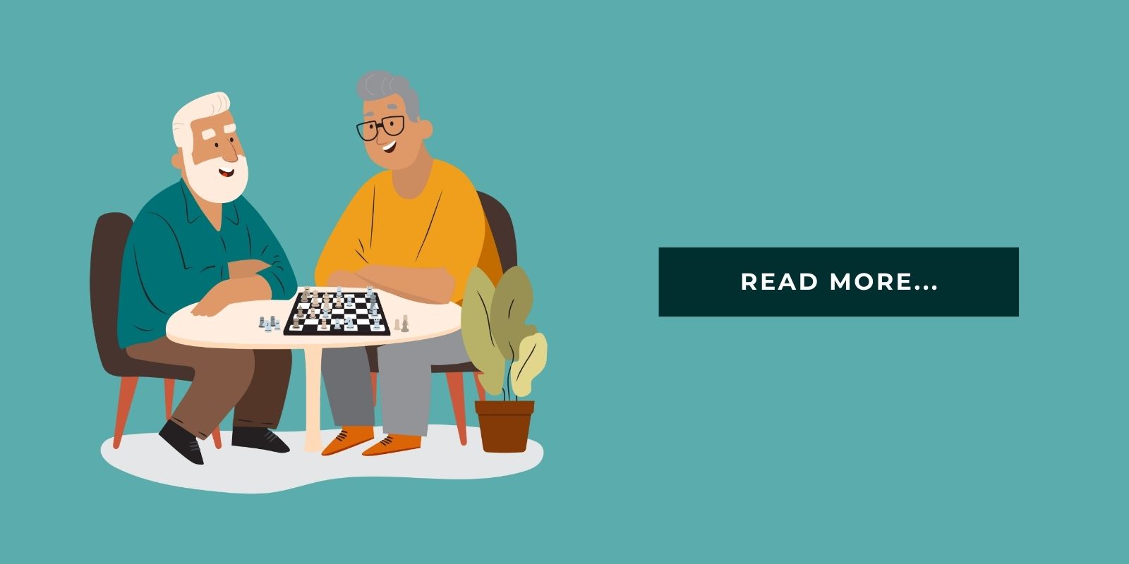 Blog Header Illustration of two seniors playing board games and it says 'read more'