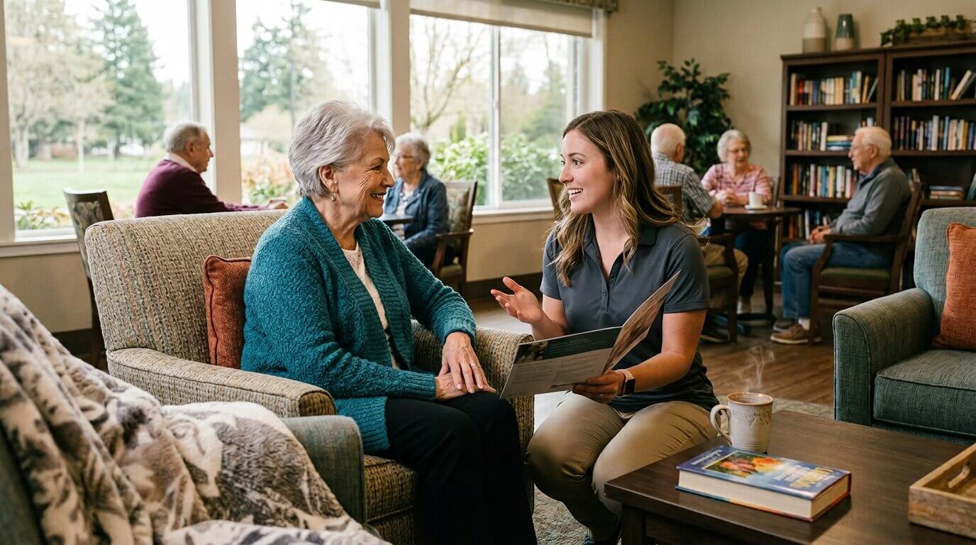 a caregiver helping a senior to apply for personal care community
