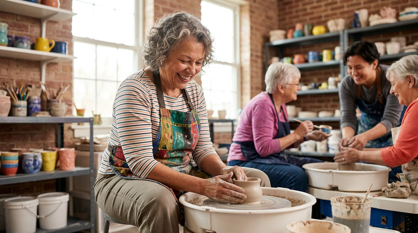 An older adult takes part in a pottery class.