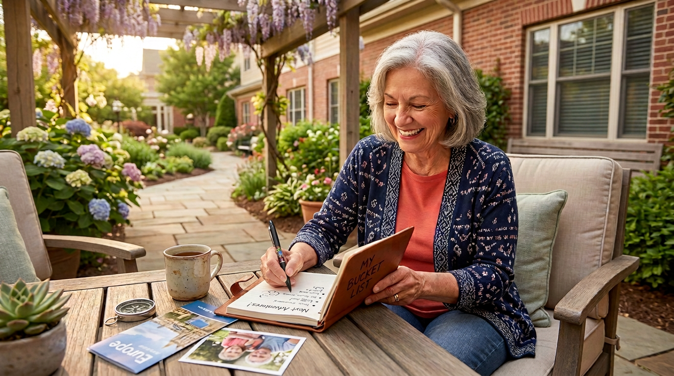 An older adult checks an item off a personalized bucket list in a garden.