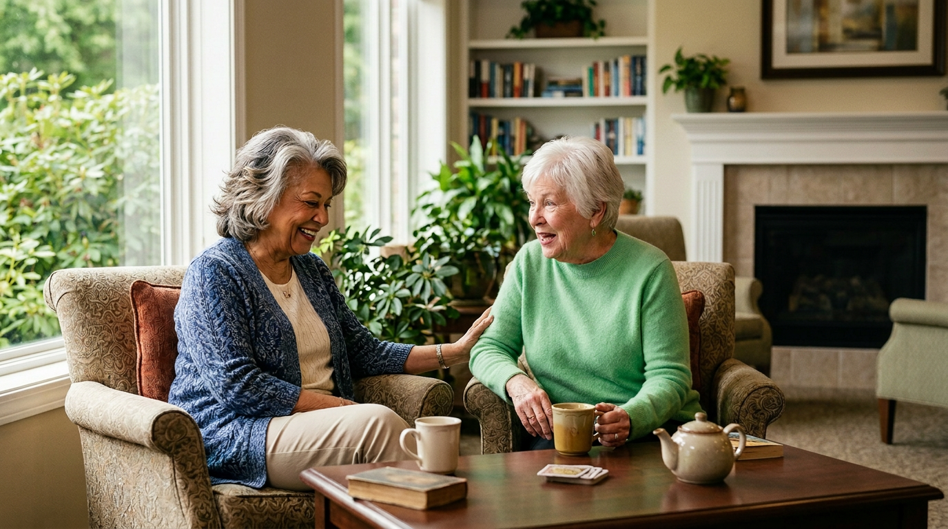 A pair of friends sitting and chatting in a bright, cozy senior living common area.