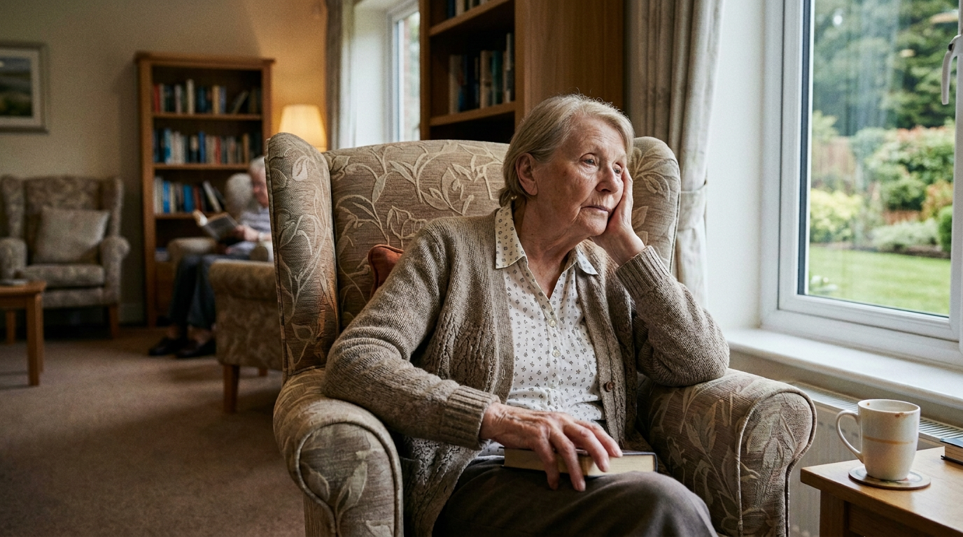 An older adult sits in an armchair, looking tired as they look out a window.