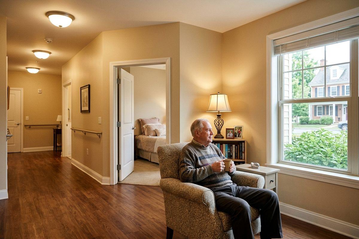 A senior sits in their living area of their senior living apartment, drinking a cup of coffee.