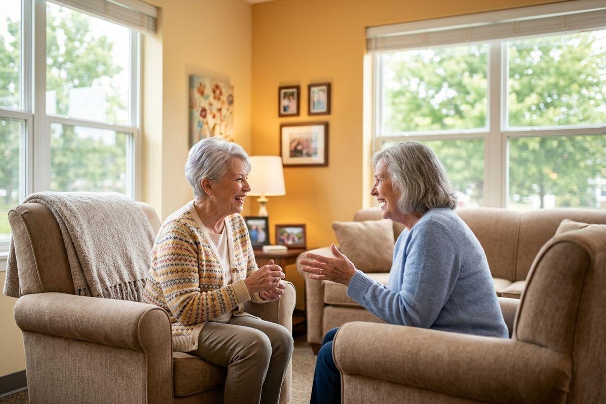 Two friends sit in comfortable chairs while chatting and laughing in senior living.