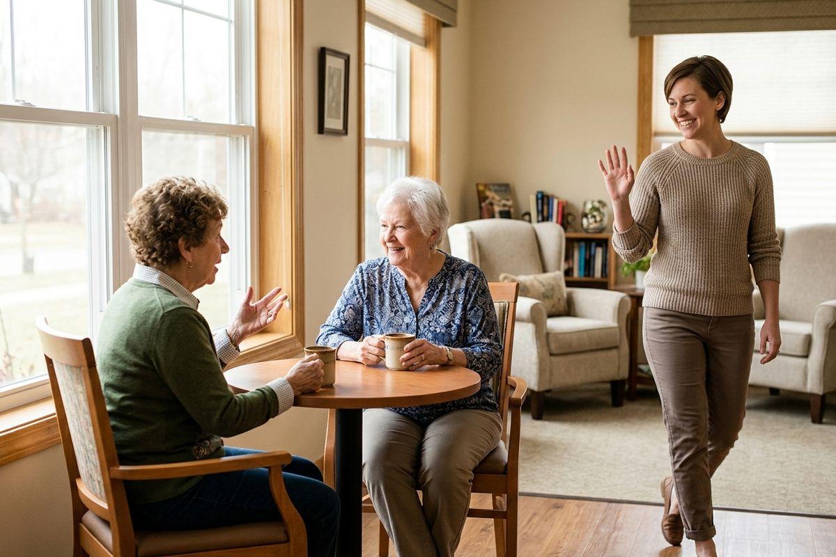 An adult child waves as they leave a room where their older parent and a friend sit and have coffee beside a sunlit window