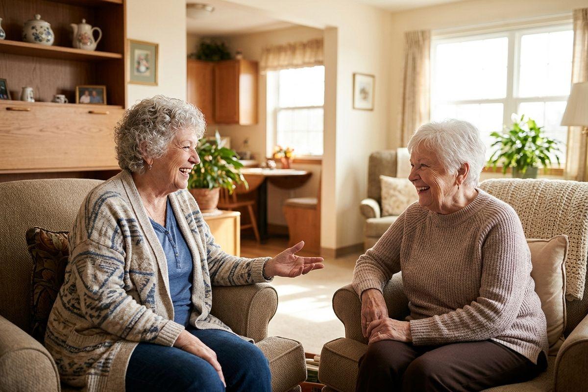 Two older adults laugh while sitting together and chatting in a warm living room of a senior living apartment