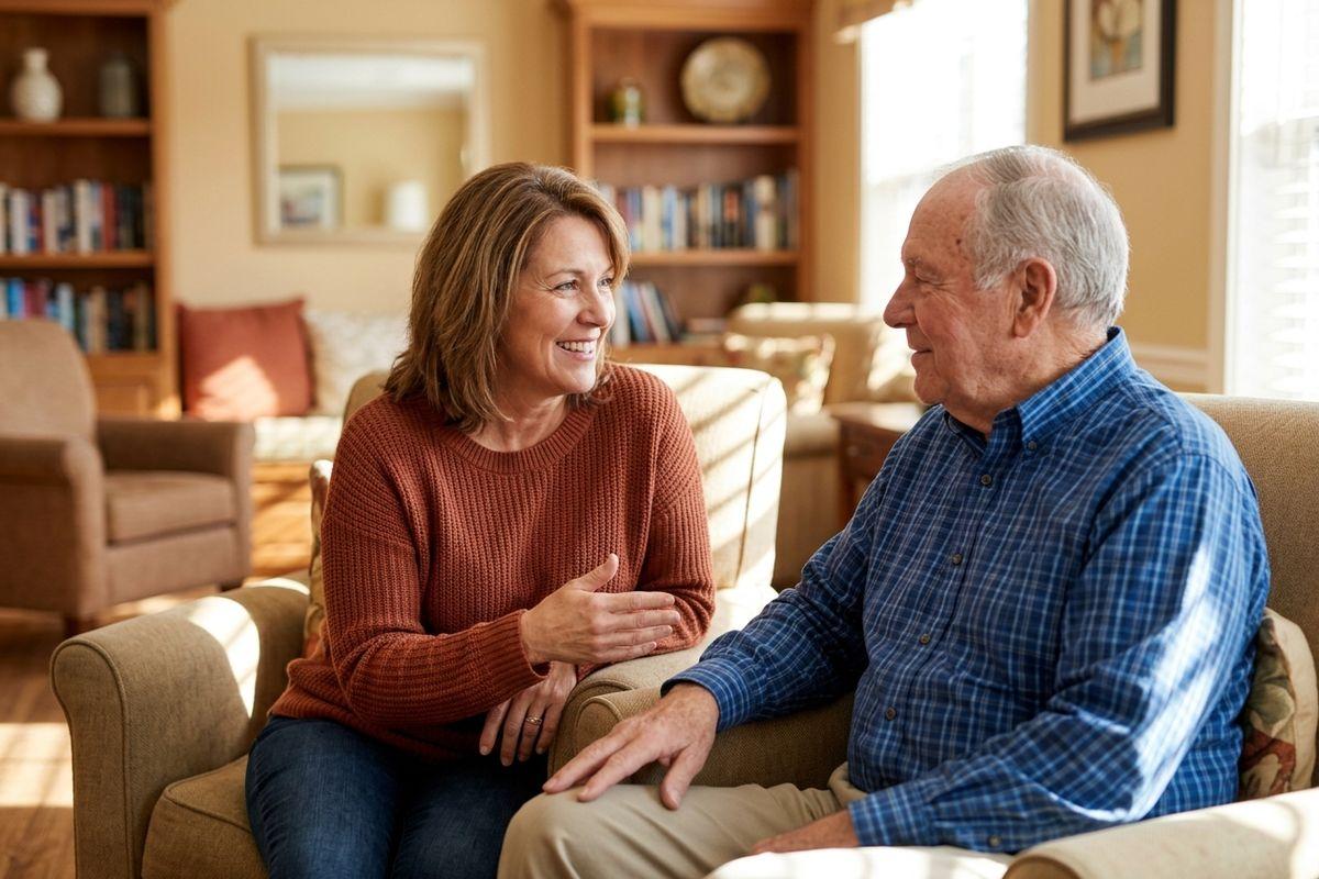Two adults sit together on a couch and smile in a living room setting.