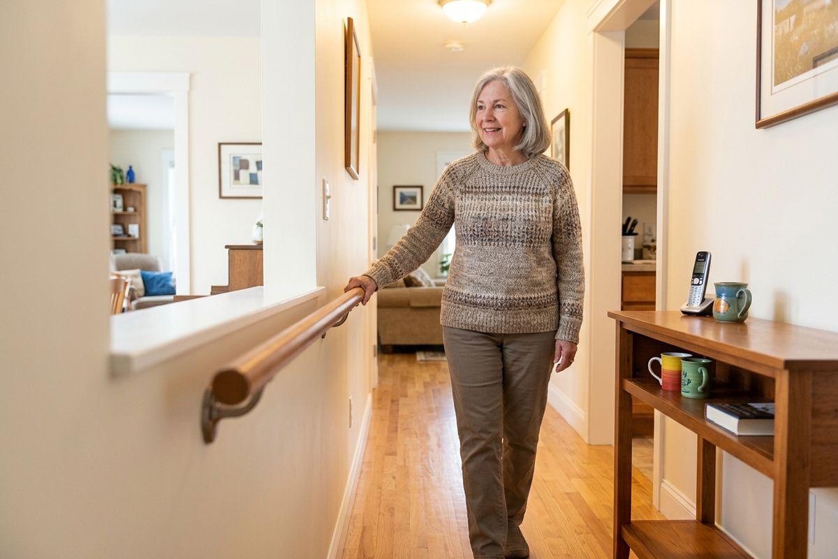 An older adult holds onto a support handle at a senior living community.