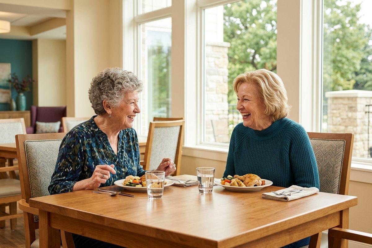 Two seniors sit laughing together at a wooden dining table with plated meals and glasses of water, beside large sunlit windows.