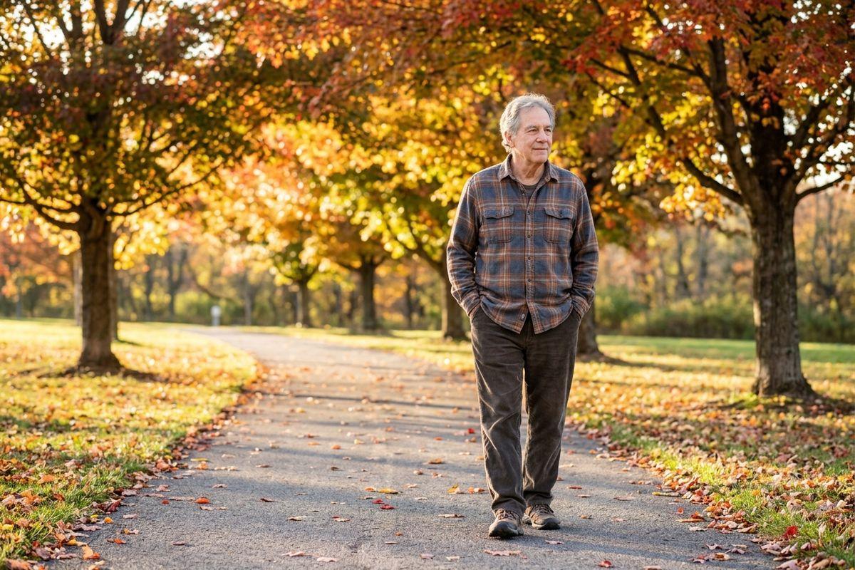A senior in a plaid shirt walks along a leaf-strewn park path with hands in pockets, surrounded by autumn trees.